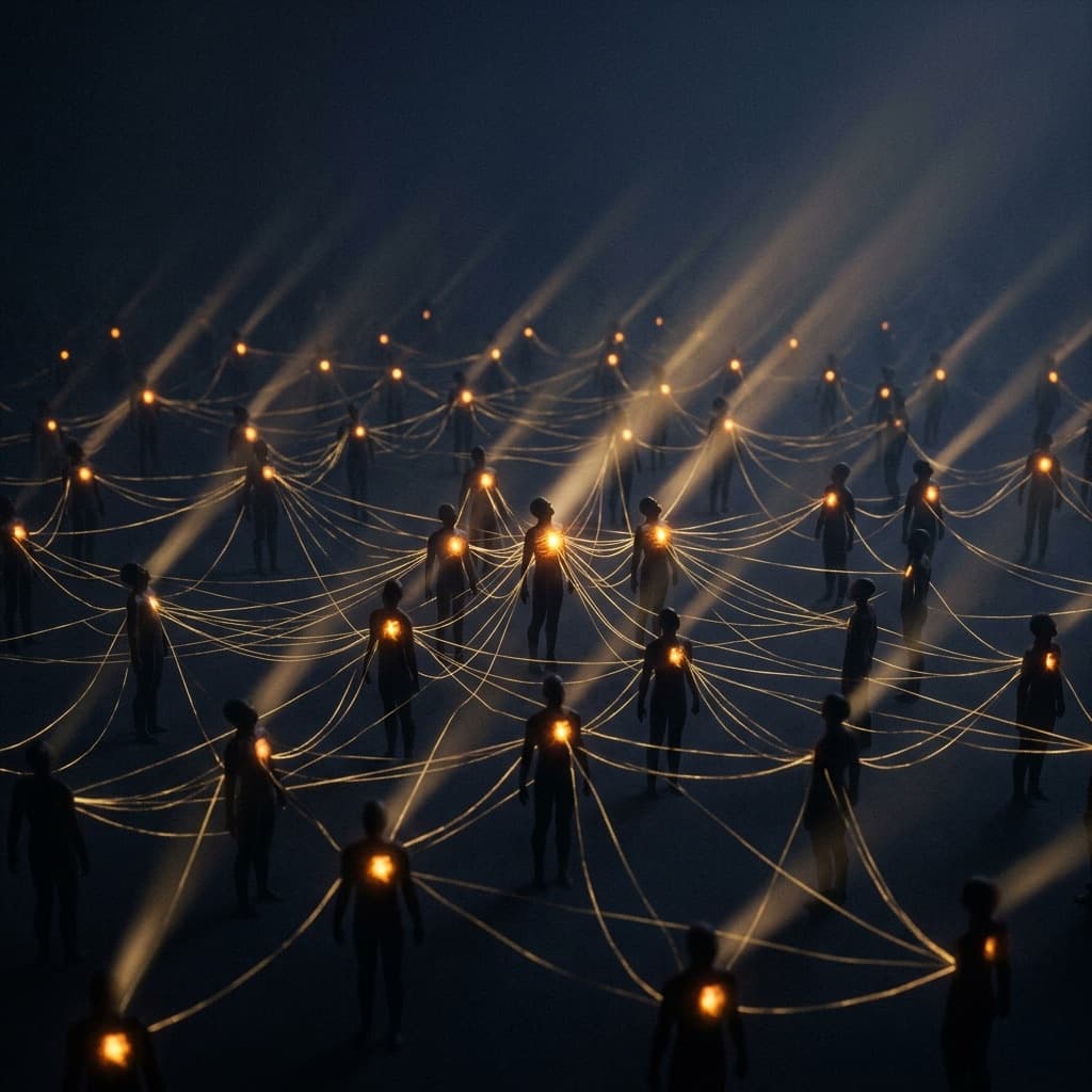A field of standing figures at night, each with a glowing light in their chest, joined by golden threads