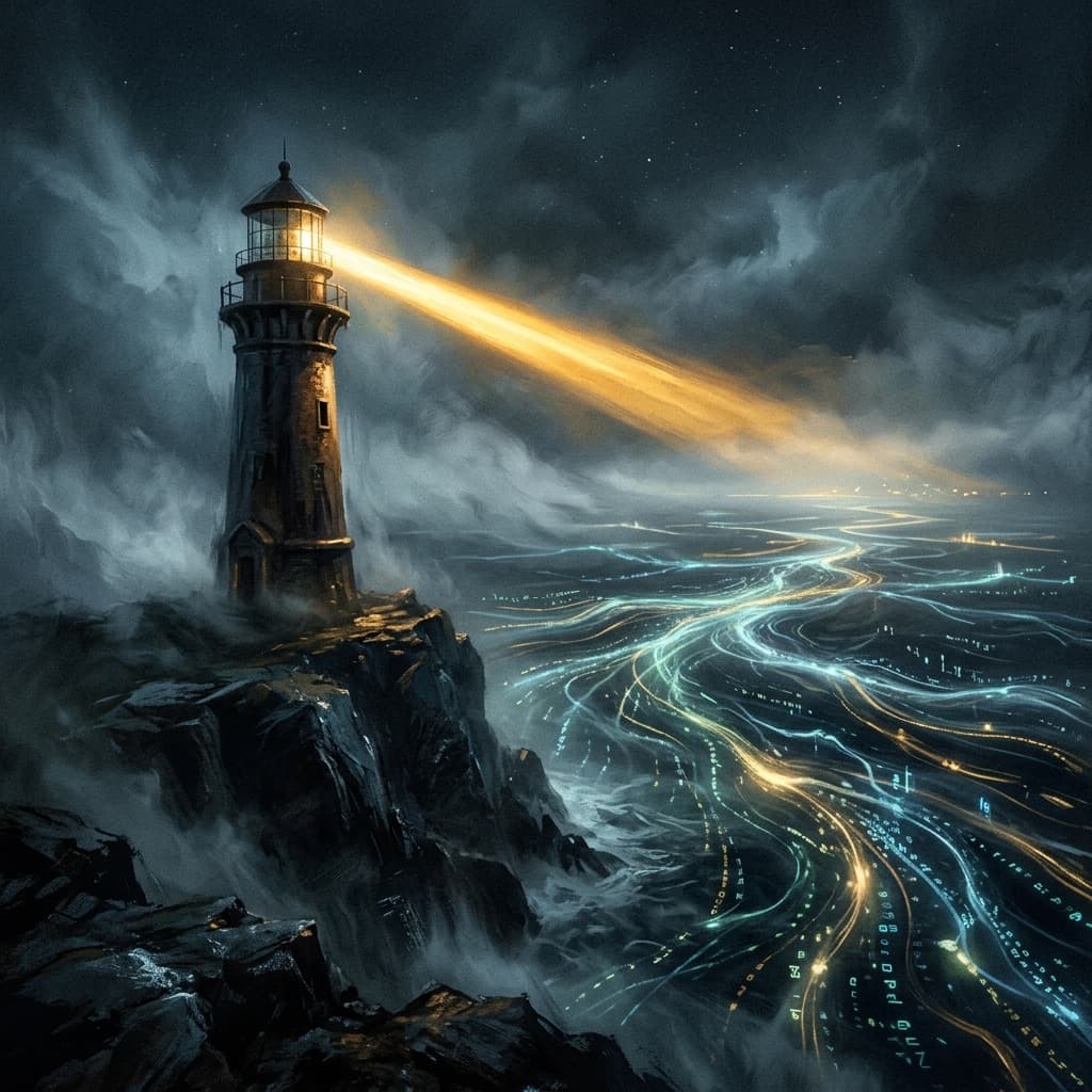 A lighthouse on a cliff casting its beam over a dark sea threaded with glowing streams of data