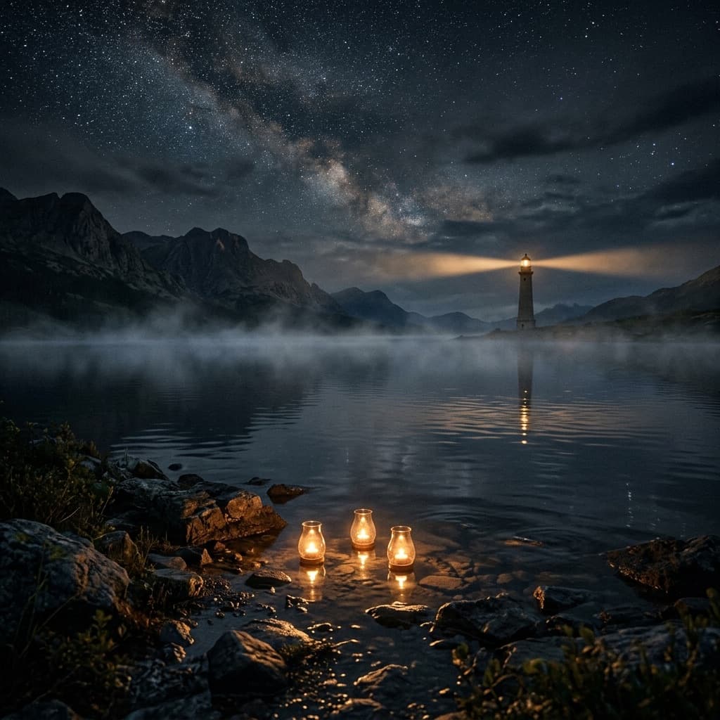 Three lanterns glowing at the edge of a still mountain lake at night, a lighthouse shining across the water