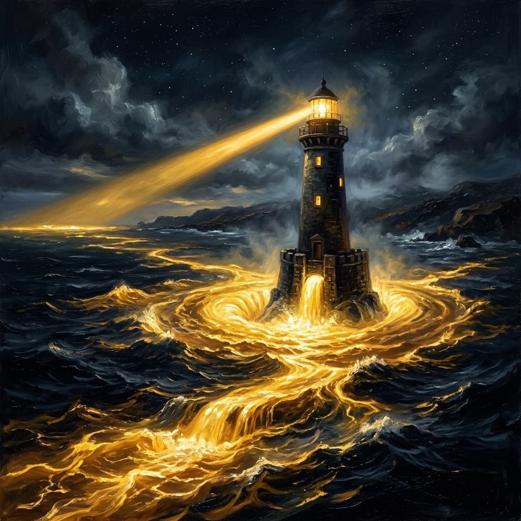 A painted lighthouse standing in a dark sea, molten gold light flooding outward from its base in every direction
