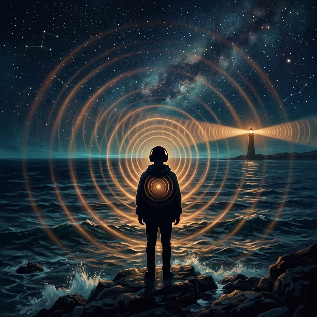 A lone figure standing on night rocks, ringed by waves of light radiating from a distant lighthouse